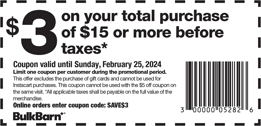 A coupon for $ 3 on your total purchase of $ 15 or more before taxes