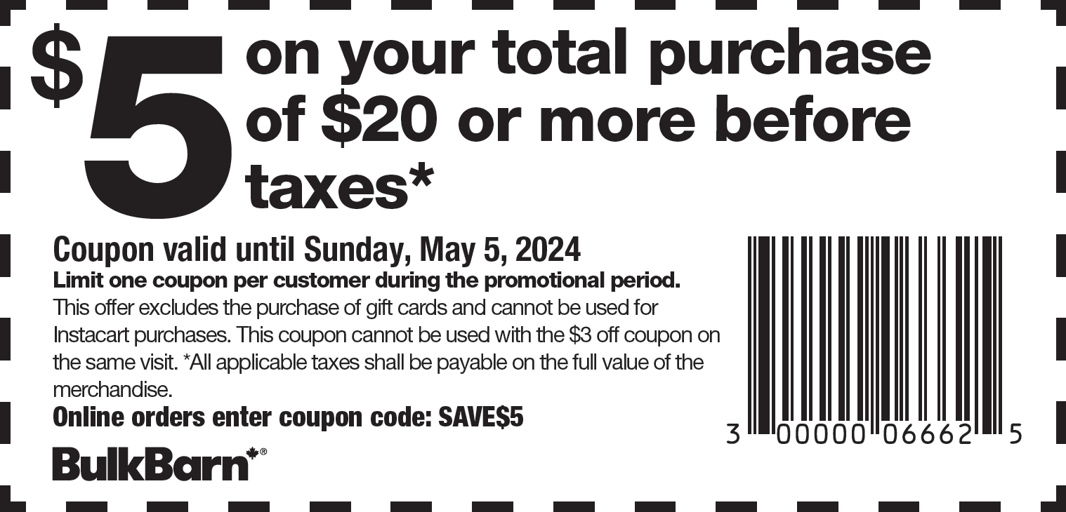 A coupon for $ 5 on your total purchase of $ 20 or more before taxes